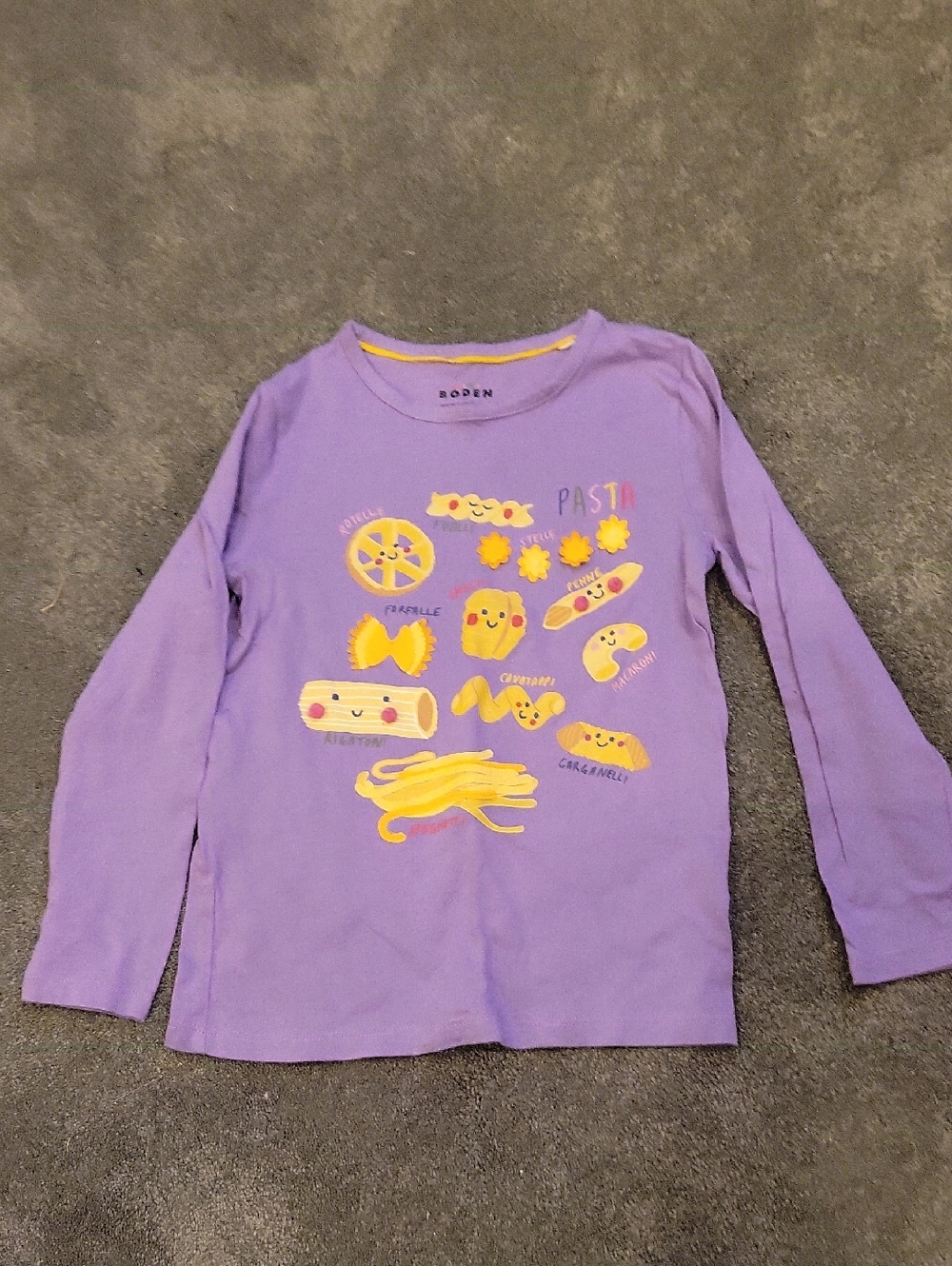 Boden Girls 6-8 Purple Long-Sleeve Pasta Graphic Tee with Yellow Print